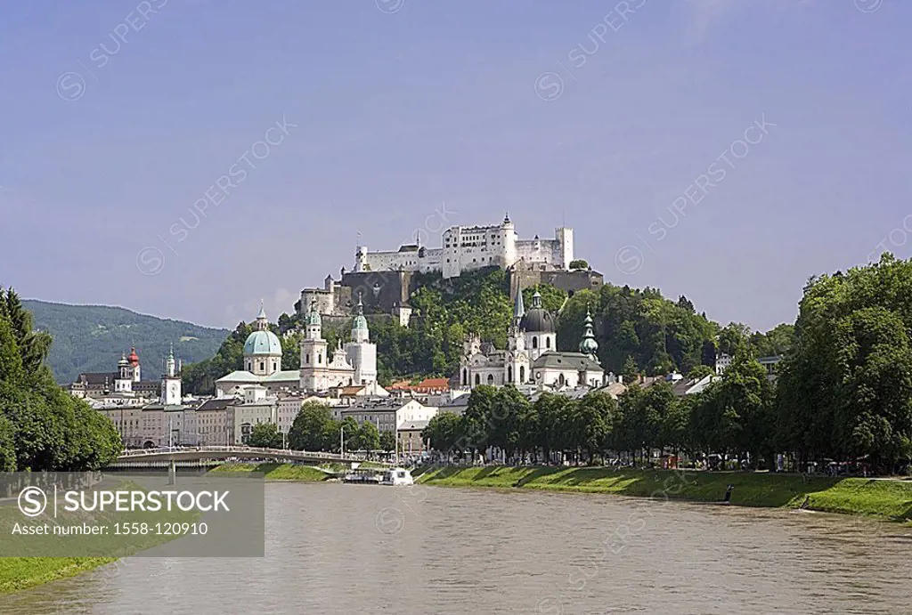 Austria, Salzburg city city-opinion cathedral fortress Hohensalzburg river Salzach, Europe, sight, buildings, architecture, churches, steeples, places...