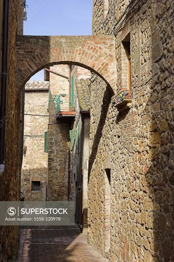 Italy, Tuscany, Pienza, alley, house-facades, archway, city, idyllically, residences, stone-houses, facades, houses, stone, bow, gate, passageway, det...