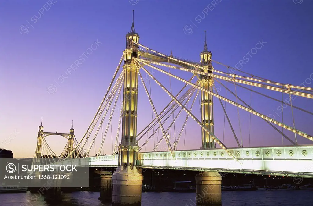 Great Britain, England, London, Chelsea, Albert Bridge, illumination, evening, Europe, city, capital, district, sight, River Thames, bridge, architect...