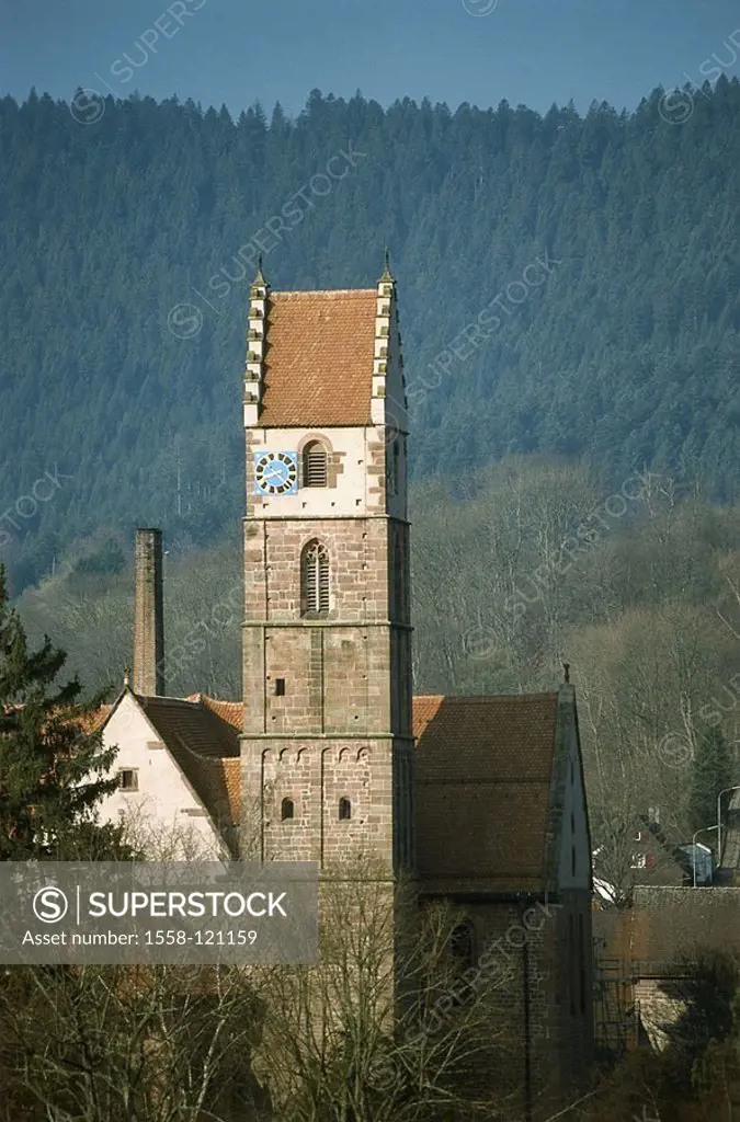 Germany, Baden-Württemberg, Alpirsbach, church, Europe, Black forest, Kinzigtal, city, air-health resort, steeple, sacral-construction, place of worsh...