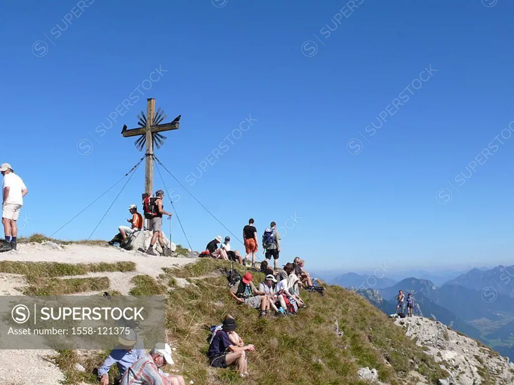Germany, Ammergauer Alps, big ravine-top, 1924m, summit-cross, mountain-hikers, no fashion release, Alps, bunting-mountains, close to Linderhof, mount...