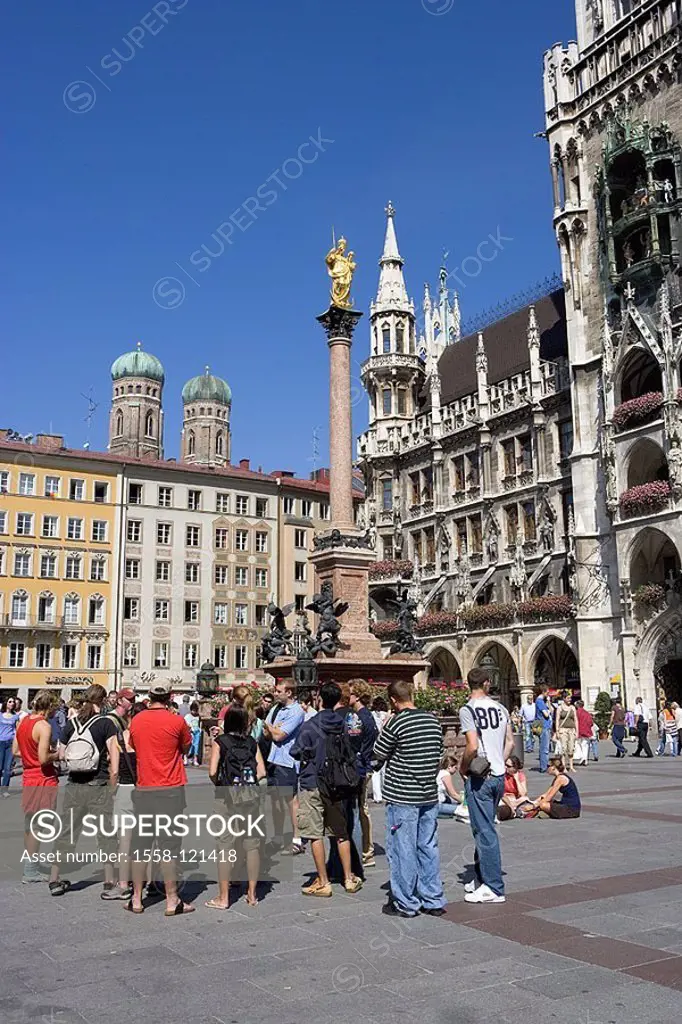 Germany, Bavaria, Munich, Marie-place, town hall, Marie-column, tourists, no models downtown, city-middle, pedestrian-zone, town hall-buildings, relea...