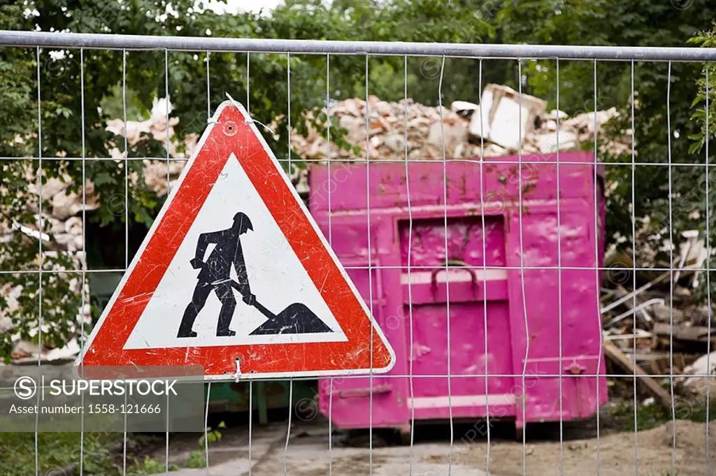 Building site, fence, sign, construction works, demolition, house-demolition, summary, rubble, rubble, waste, waste disposal, Kontainer, pink, fence, ...