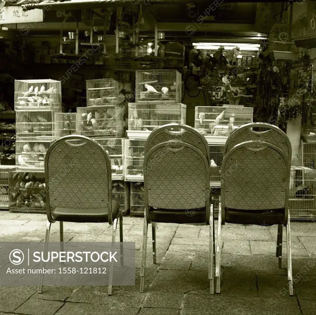 China, Hong Kong, Kowloon, bird-market, cages, birds, chairs, empty, s/w, Asia, Eastern Asia, district, street, Bird Market, sale, birdcages, birds, p...