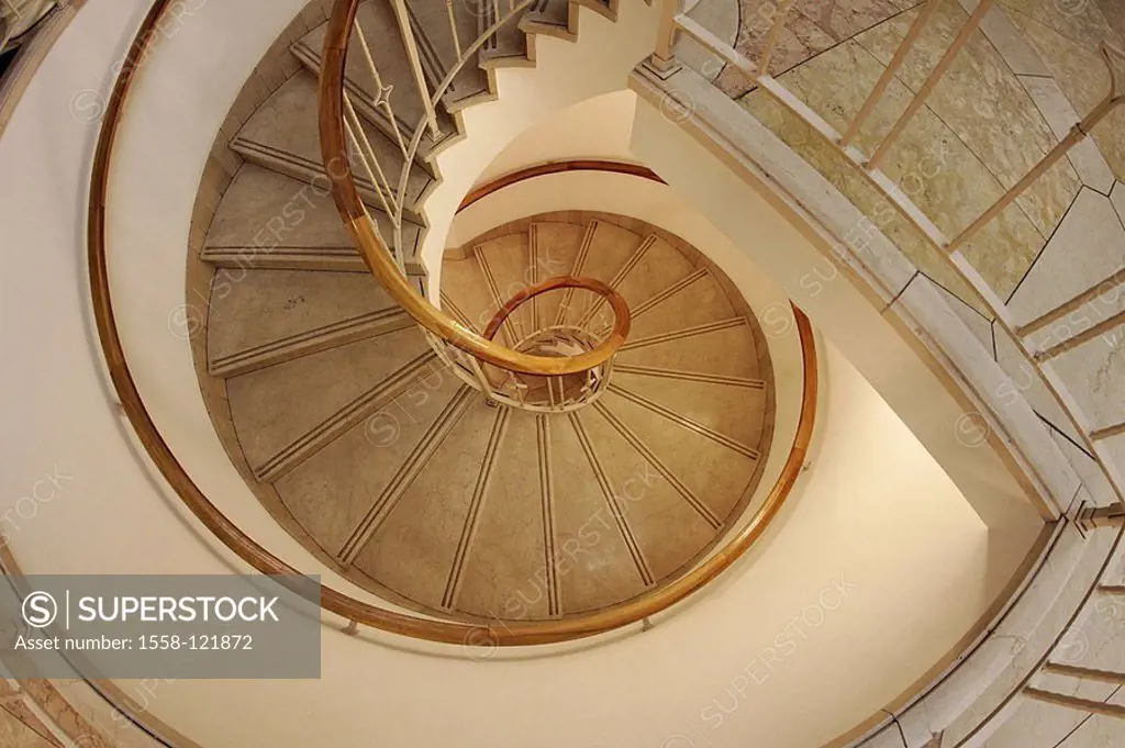 Helix-stairway, detail, from above, stairwell, hall, stairway-ascent, steps, stairways, marble-stairways, handrail, wooden, Holzahandlauf, symbol, swu...