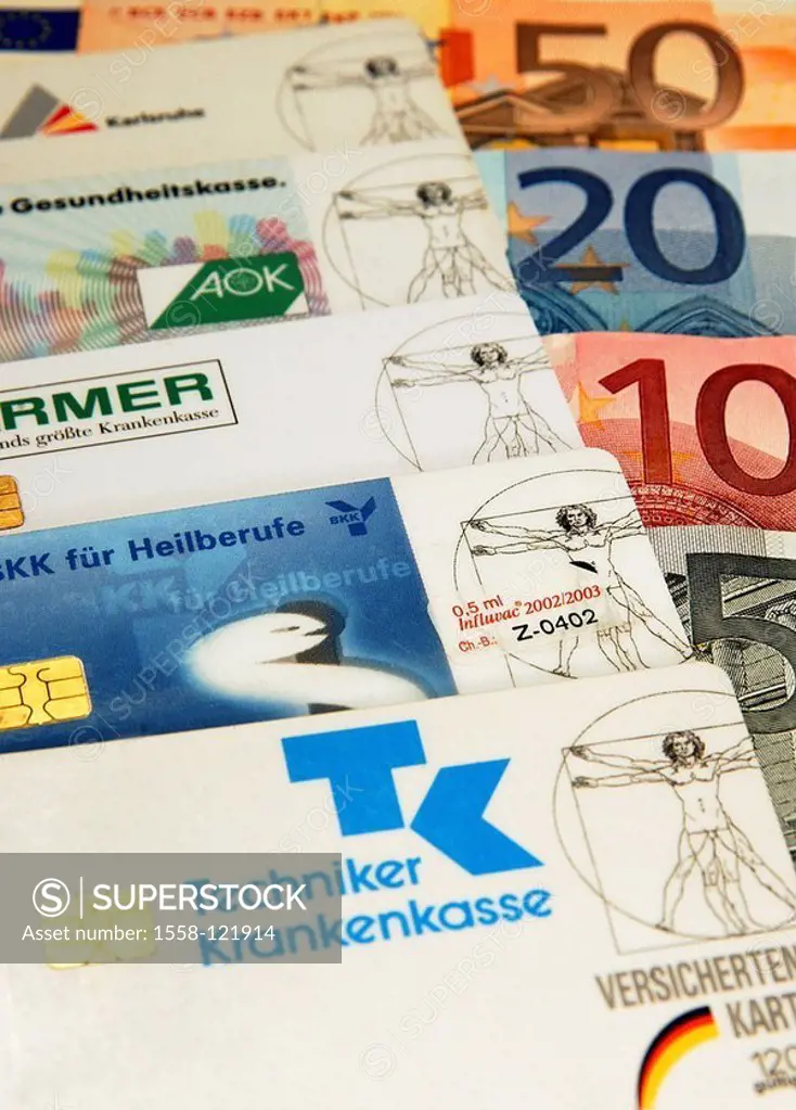 Bills, insurance-cards, health insurance companies, different, no property release, Euro, money bills cash, symbol, insurance, health insurance, healt...