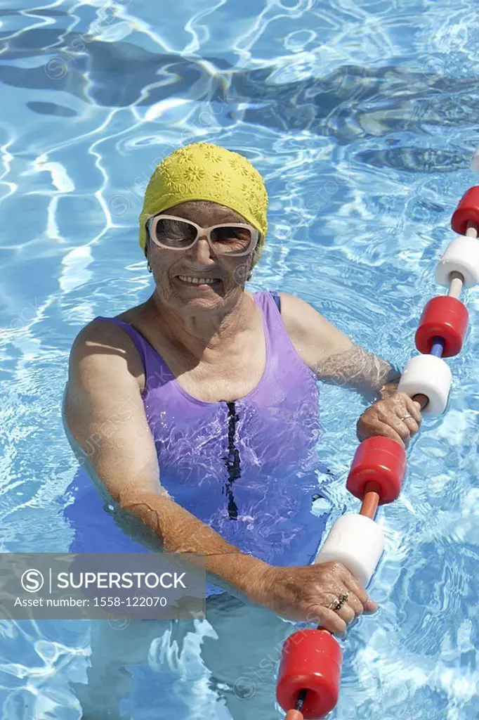 Pool, senior, swimsuit, bath-cap, water stands, cheerfully, detail series people, seniors, woman, 70-80 years, gaze camera, smiles, refreshment, cooli...