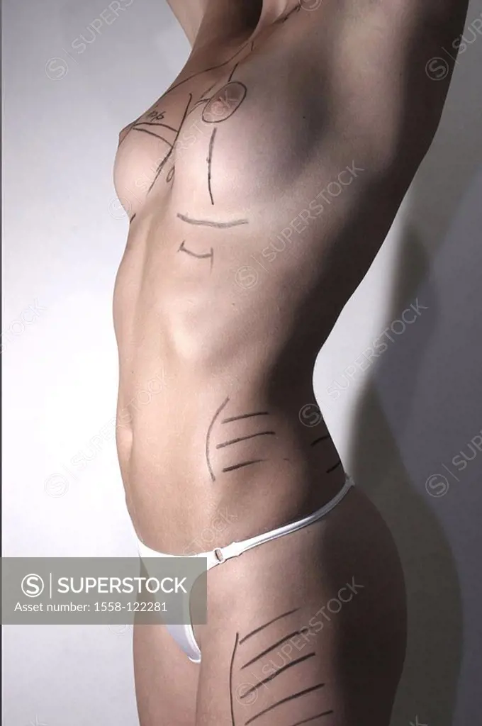 Woman, upper bodies freely, breasts, hips, thighs, markings, beauty-operation,