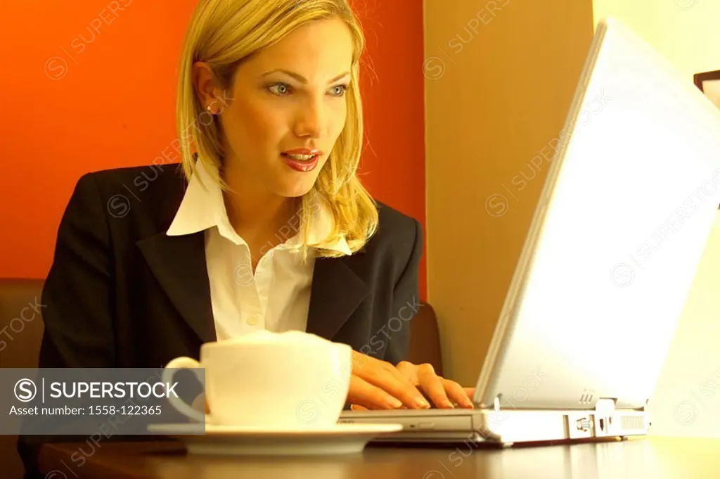 Cafe, woman, coffee-cup, Notebook, data input, portrait,