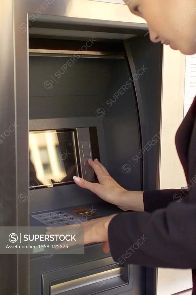 Woman, young, automatic teller, at the side, detail,