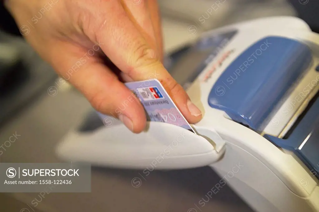 Men´s-hand, EC-Karte, card-reading-appliance, payment, s/w sepia,