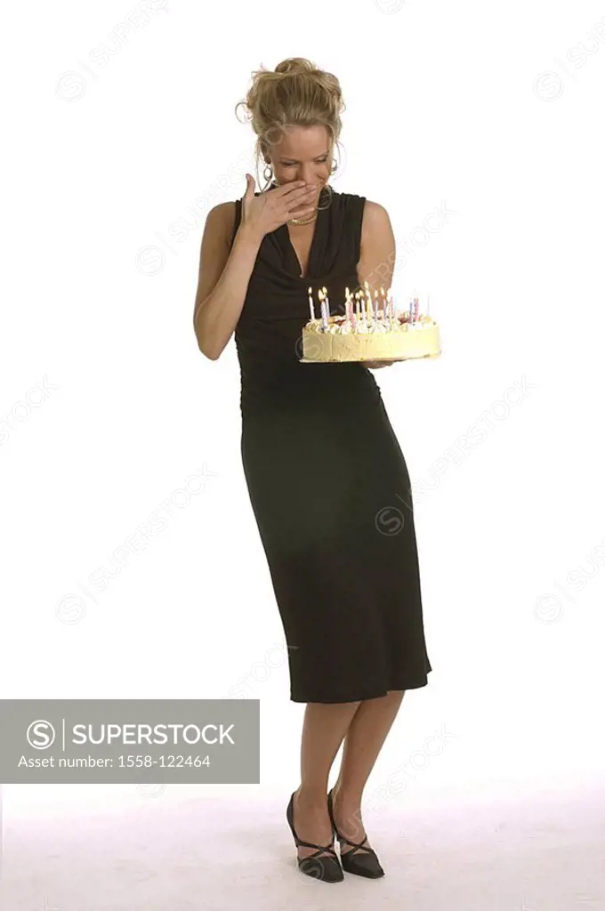 Woman, young, birthday-pie, carries,