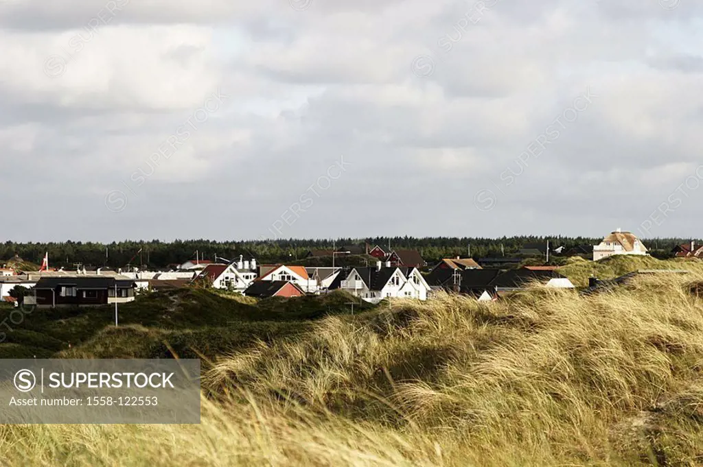 Denmark, Vejers beach, place-opinion, houses, dunes, Scandinavia, place, coast, North sea, dune-landscape, destination, vacation-goal, idylls, grass, ...