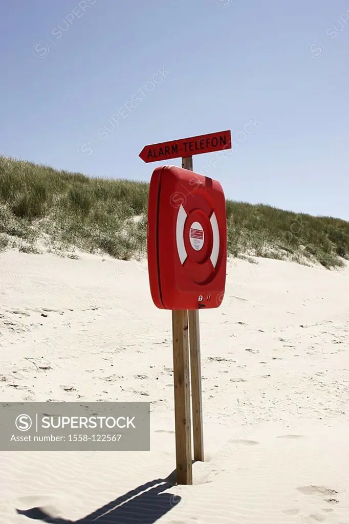 Denmark, Vejers beach, life-preserver, sign, alarm-telephone, Scandinavia, dunes, sandy beach, hint, equipment, emergency, alarm, rescue, appliance, p...