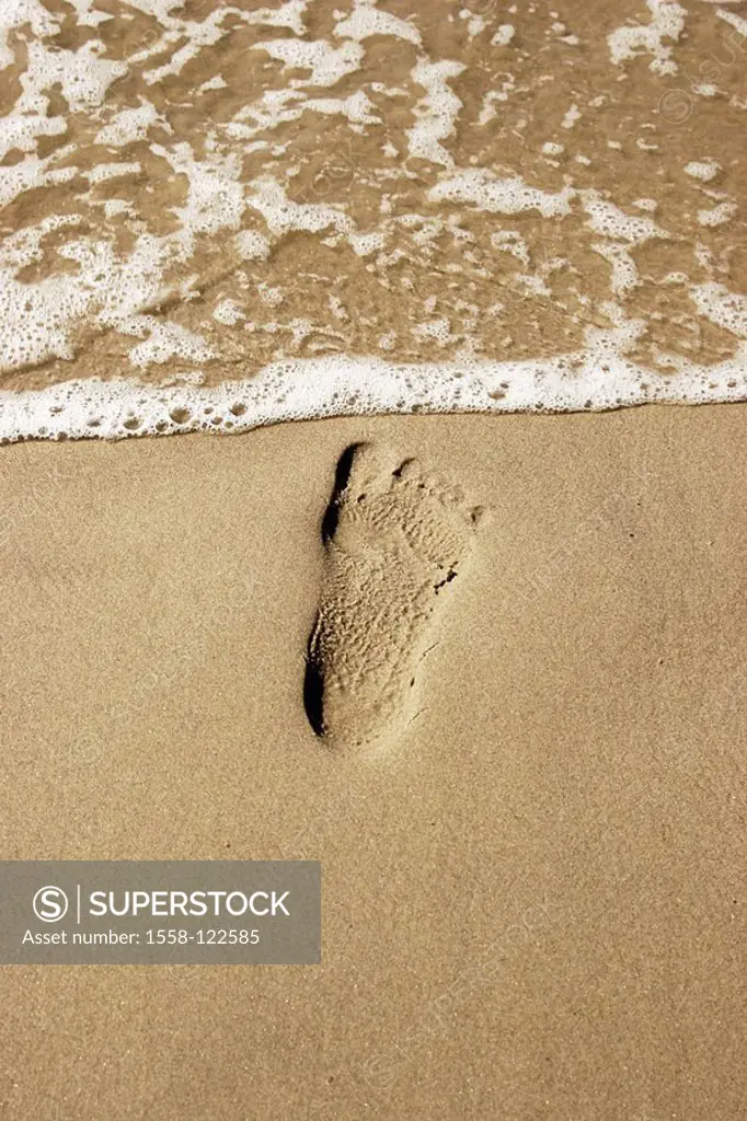 Sea, beach, sand, wet, footprint, coast, shores, Meeresstrand, sandy beach, barefoot, mark, foot, track, footprint, steps, goes, hikes, however, natur...