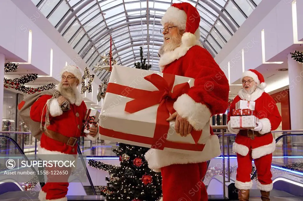Santa Claus, cheerfully, gifts, holds, stands, shopping center, Christmas, people, men, three, disguise, outfits, glasses, beards, fun, cheerfully, ha...