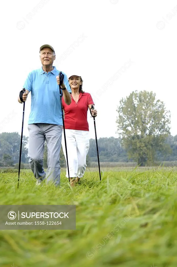 Meadow, senior-pair, Nordic Walking, movement, cheerfully, series, people, 50-60 years, 60-70 years, pair, seniors, goes, Walking, well Age, athletes ...