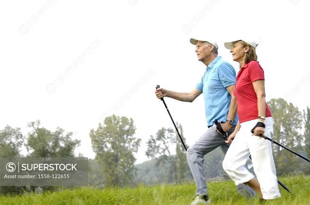 Meadow, senior-pair, Nordic Walking, movement, cheerfully, at the side, series, people, 50-60 years, 60-70 years, pair, seniors, goes, Walking, well A...