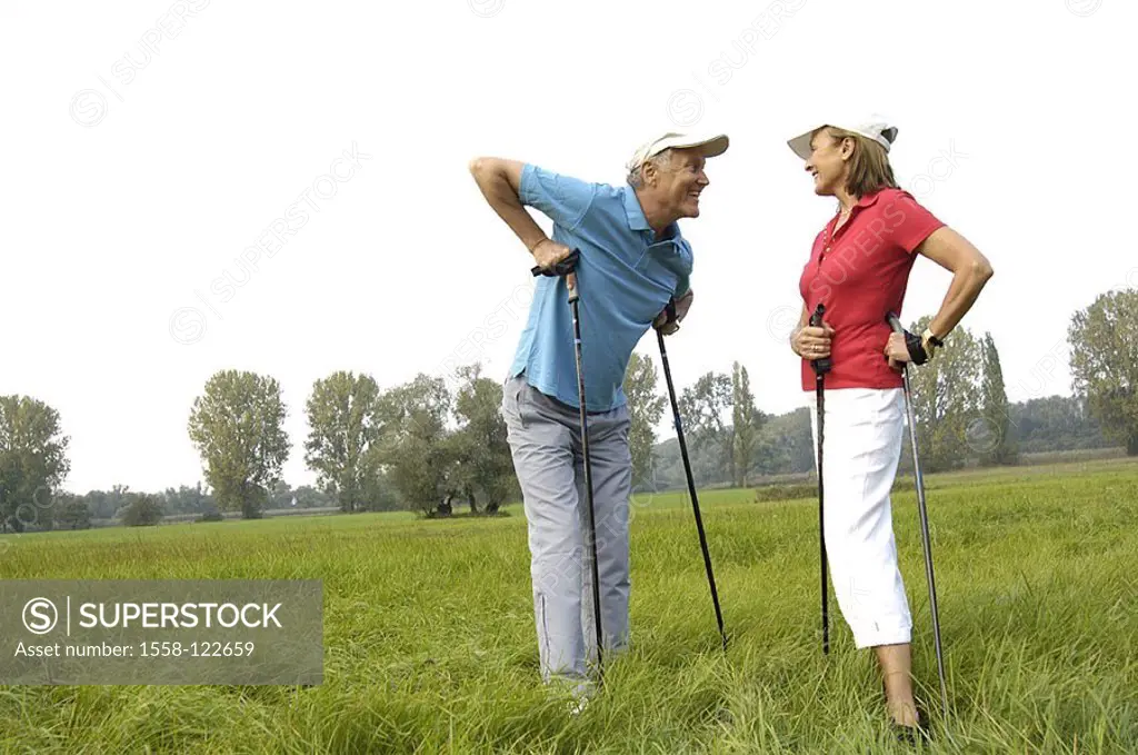 Meadow, senior-pair, Nordic Walking, rest, conversation, cheerfully, series, people, 50-60 years, 60-70 years, pair, seniors, Walking, well Age, athle...