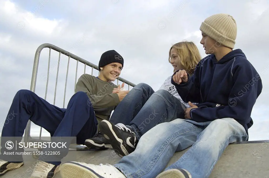 Teenagers, boys, three, fun, sits, Halfpipe, skateboard, series people youth teenagers 12-14 years, friends, friendship, together, Skateboarder, leisu...