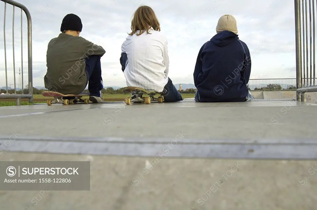 Teenagers, boys, three, sits, Halfpipe, skateboards, back-opinion, series, people, youth, teenagers, 12-14 years, friends, friendship, together, Skate...