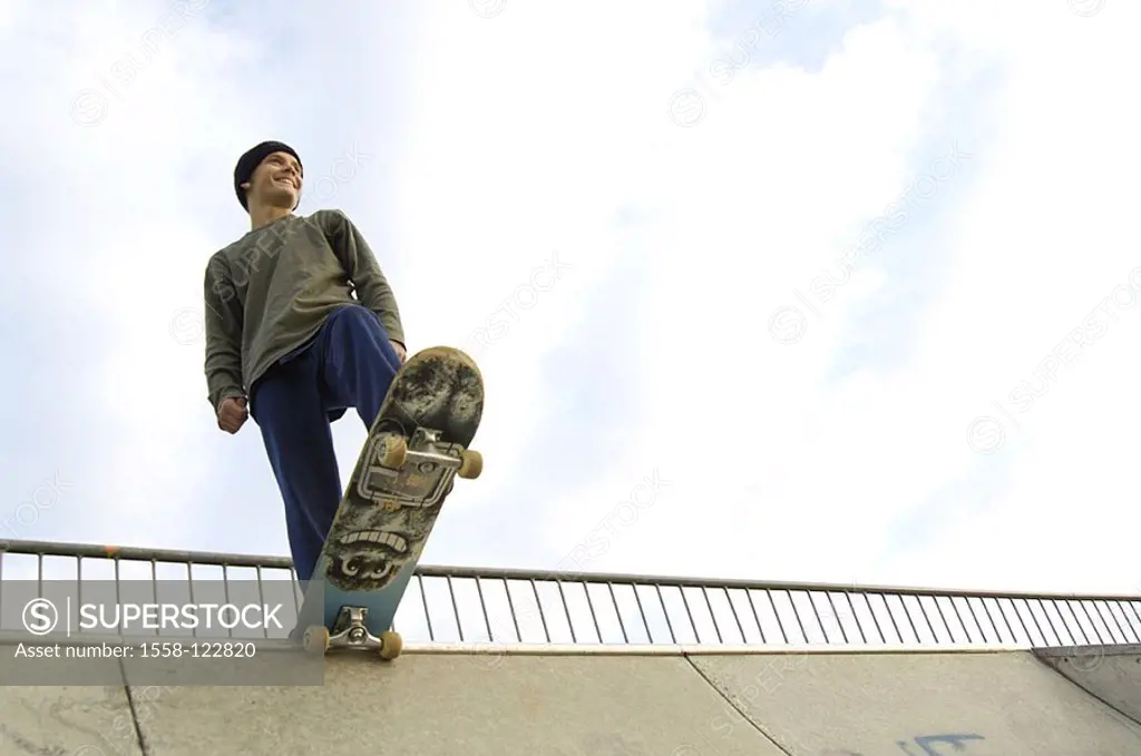 Teenagers, boy, carelessly, stands, skateboard, ramp, from below, detail, series, people, youth, teenager, 12-14 years, cap, Skateboarder, Skateboarde...