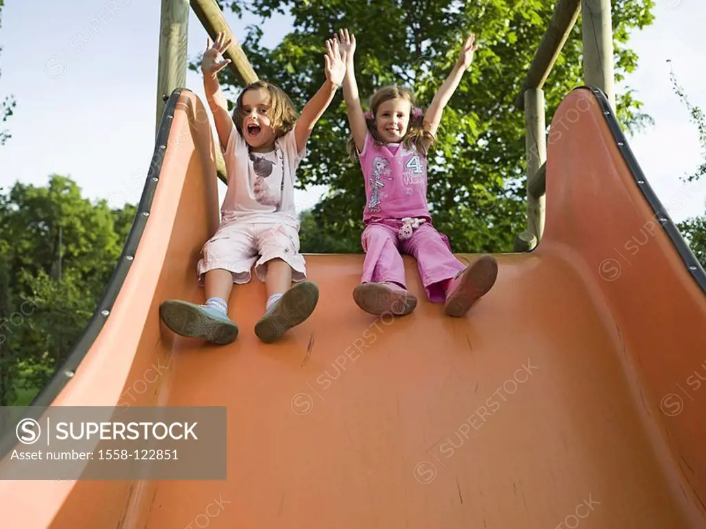 Playground, girls, two, slide, plays, cheerfully, series people slides children, friends, sisters, twins, garden, chutes, joy, childhood freely 6 year...