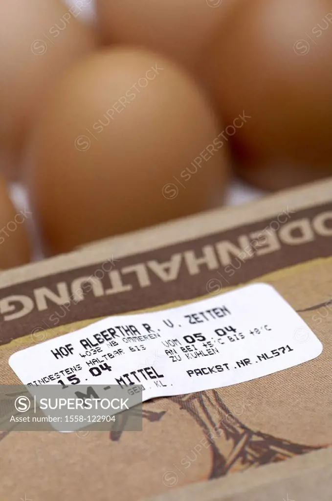 Eierkarton, hen-eggs, brown, stickers, detail, Eierschachtel, eggs, fragile, packet, package, protection, grade, norm, food, information, consumer-inf...