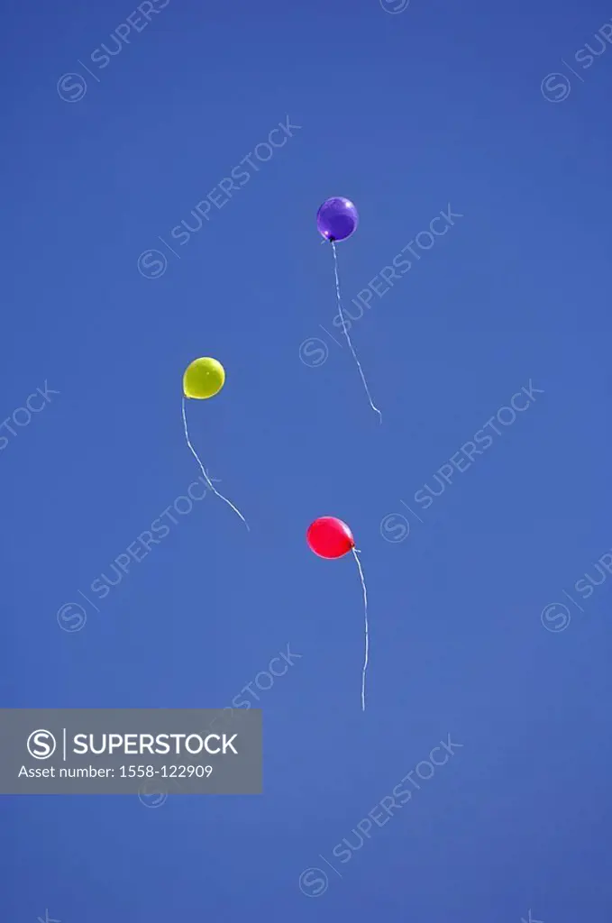 Heavens, balloons, three, flies, party, celebration, birthday, child-birthday, childhood, balloons, colorful, red, yellow, blue, together, hovers, sum...