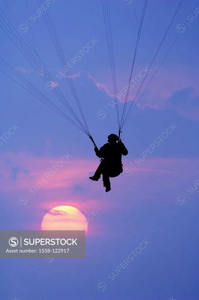 Heavens, blue, Paraglider, silhouette, sunset, athletes, Paragliden, Paragliding, leisure time, vacation, sport, hobby, activity, leisure time-activit...