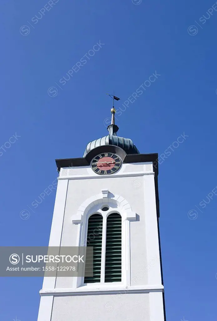 Switzerland, Appenzell, village-church, detail, steeple, from below, Appenzellerland, church, parish-church, tower, belfry, perspectives, symbol, beli...