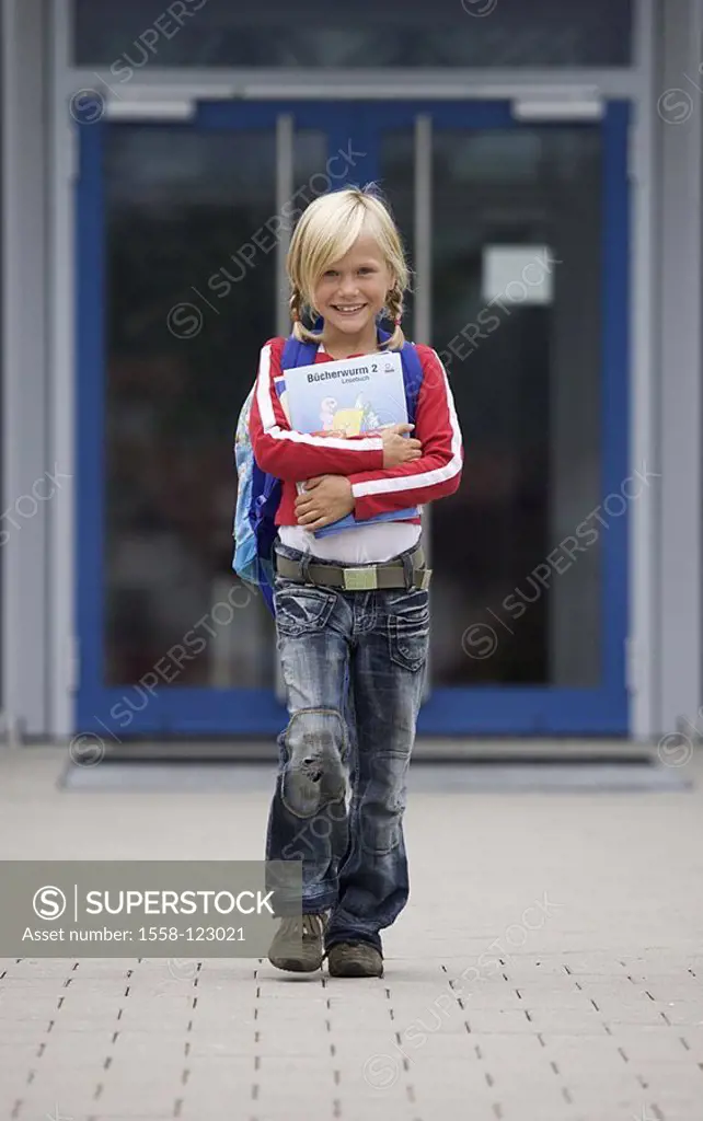 School-way, girls, backpack, books, carries, cheerfully, goes, series, people, child, schoolchild, 7 years, blond, braids, school satchels, outside, q...