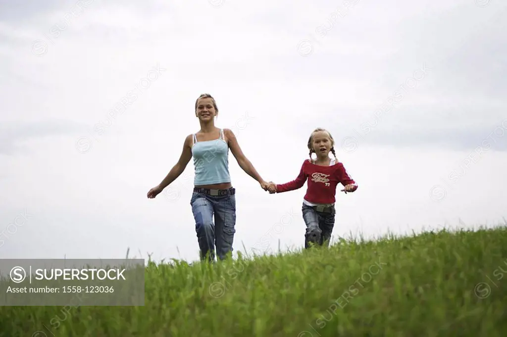 Sisters, cheerfully, hand in hand, meadow, run, people, two, girls teenagers teenagers child blond, siblings, nannies, babysitters, affection, trust, ...