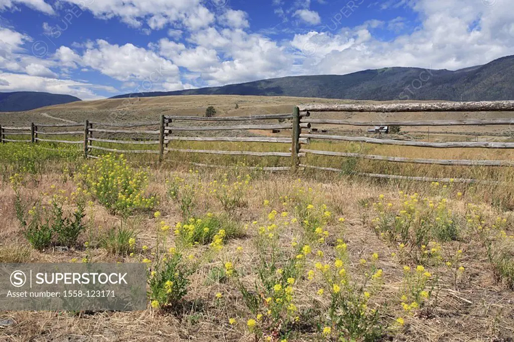 Canada, British Columbia, Cache Creek, farm, pastures, wood-fence, cloud-heavens, summers, North America, west-Canada, ranch, been out of the way, hil...