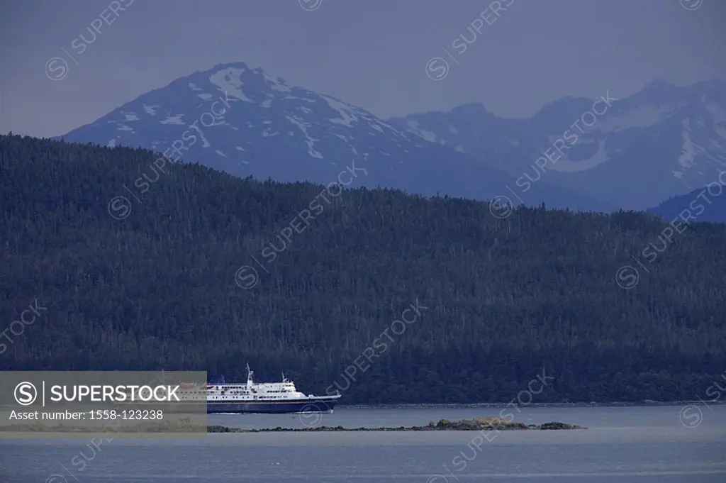 USA, Alaska, coast, Coast Mountains, Stephen´s passage, sea, ferryboat, Alaska navy Highway system, North America, southeast-Alaska, southeast, Panhan...