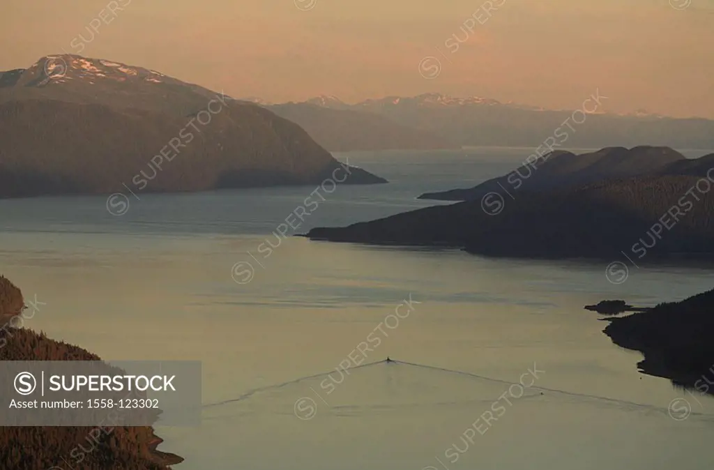 USA, Alaska, location of Mount Roberts, overview, Gastineau Channel, Coast Mountains, ship, sea, twilight, North America, southeast-Alaska, southeast,...