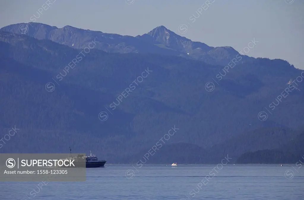 USA, Alaska, coast, Stephen´s passage, sea, ferryboat, Alaska navy Highway system, mountains, North America, southeast-Alaska, southeast, Panhandle, I...