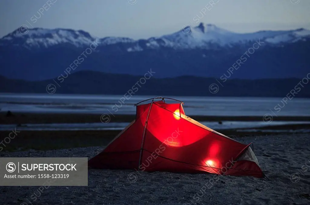USA, Alaska, coast, Eagle Beach, beach, tent, sea, illuminates ebb, Coast Mountains evening summers North America southeast-Alaska, Inside passage, so...