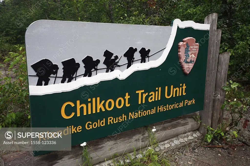 USA, Alaska, Dyea, forest, sign, starting point, Chilkoot Trail, gold-digger-path, North America, southeast-Alaska, Inside passage, southeast, Panhand...