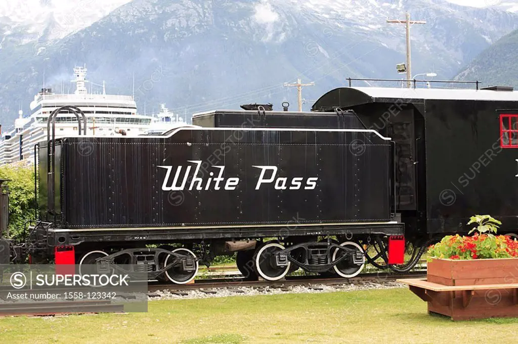 USA, Alaska, Skagway, ´Klondike Goldrush national Historic park´ railroad White passport route, freight car, side-opinion, North America, southeast-Al...
