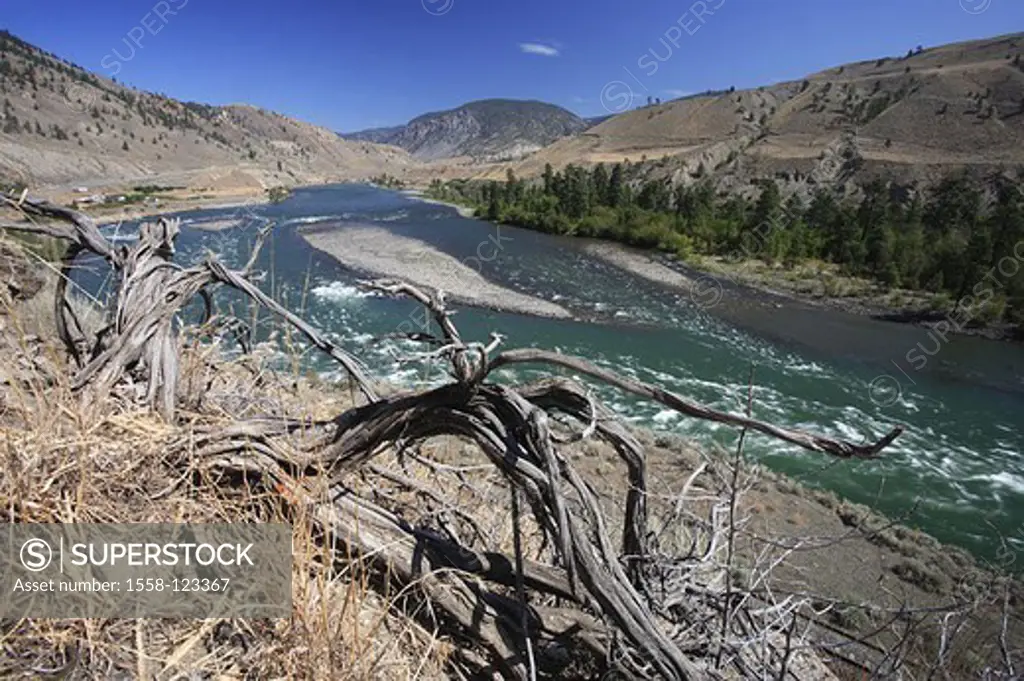 Canada, British Columbia, landscape, mountains, river bed, Fraser River, North America, steppe, steppe-landscape, mountains, hills, valley, meager, wa...