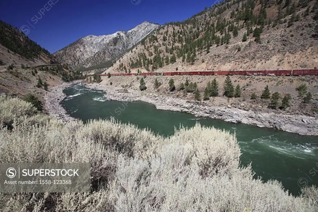 Canada, British Columbia, phrase Canyon, landscape, mountains, river bed, Fraser River, freight train, summers, North America, steppe, steppe-landscap...