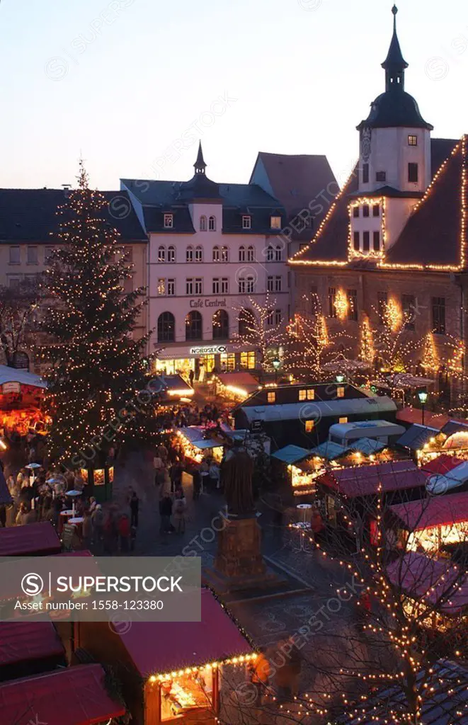 Germany, Thuringia, Jena, Christmas-market, mood-fully, evening, overview, city, Christmas, Christmas-tree, Christian-tree, lights, stands, market-sta...