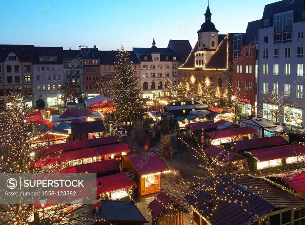 Germany, Thuringia, Jena, Christmas-market, mood-fully, evening, overview, city, Christmas, Christmas-tree, Christian-tree, lights, stands, market-sta...