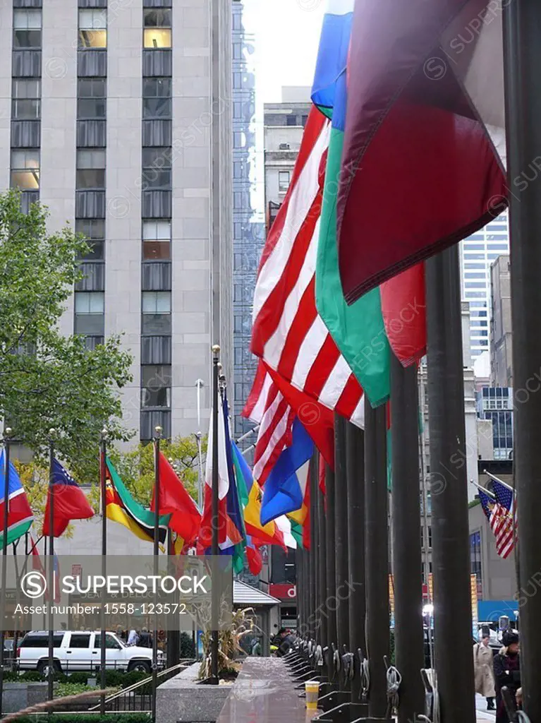 USA, New York city Rockefeller Center flagpoles flags internationally, America, city, Manhattan, buildings, construction, sight, facades, high-rises, ...