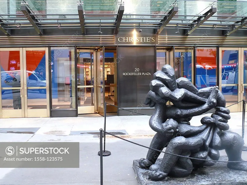 USA, New York city Rockefeller Plaza auction house Christie´s, outside, art, sculpture, America, city, Manhattan, buildings, business, trade, sale, ar...