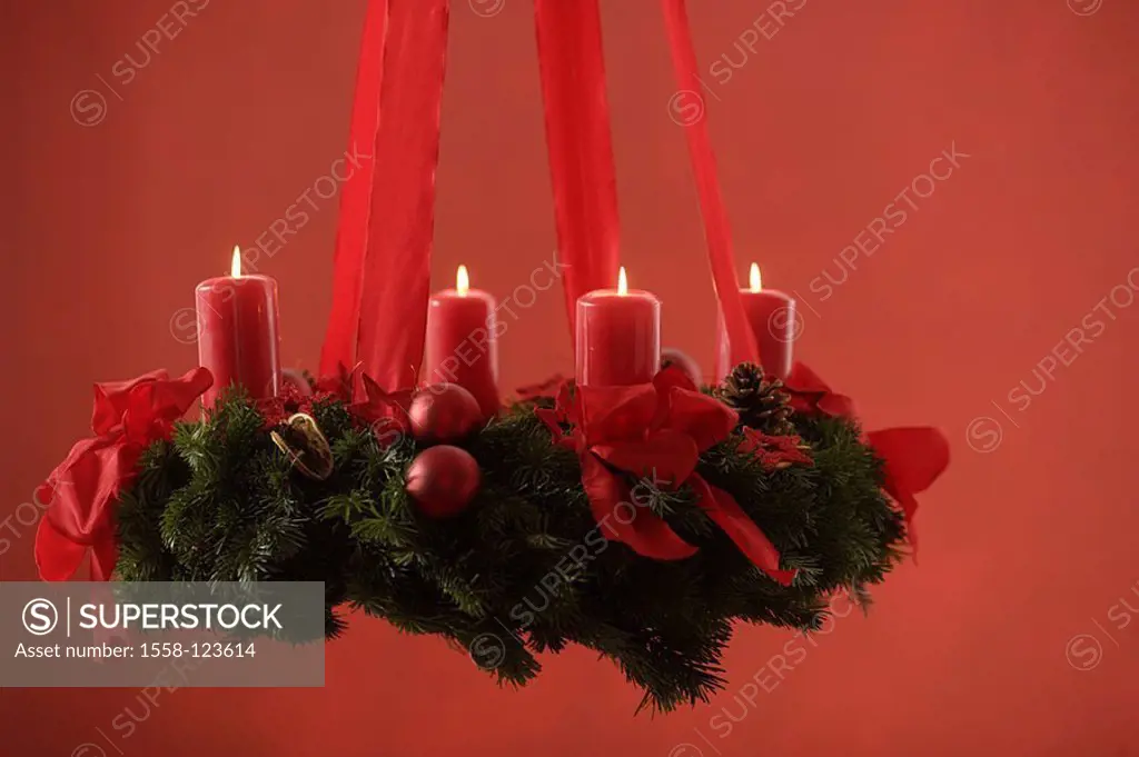 Advent-wreath, hangs, candles, four, series, sting Christmas, red, pre-Christmas, tradition, Advent, Christmas-like, mood, silence, silence, thoughtfu...
