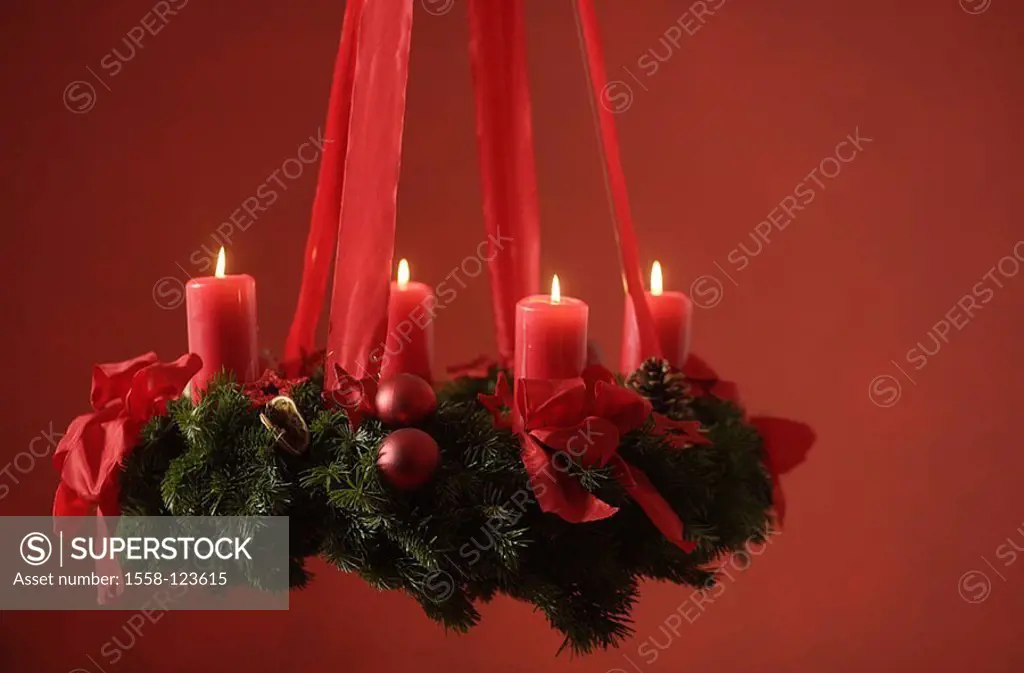 Advent-wreath, hangs, candles, four, series, sting Christmas, red, pre-Christmas, tradition, Advent, Christmas-like, mood, silence, silence, thoughtfu...