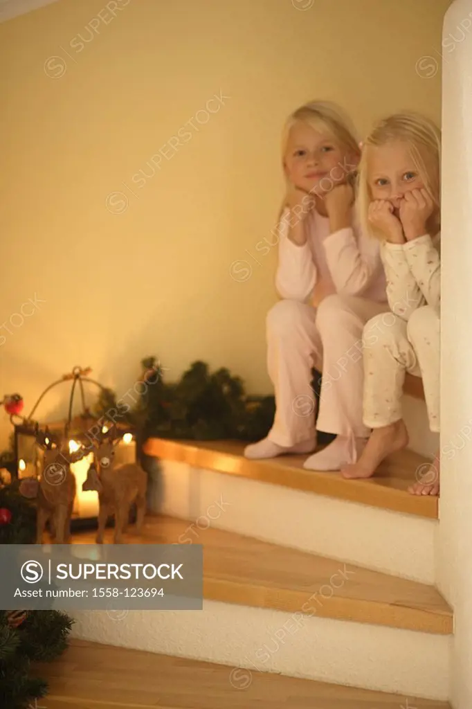 Apartment, stairway, Christmas-decoration, girls, pajamas, sits, detail, fuzziness, series, indoors, wood-stairway, decoration, Christmas, Christmas-l...