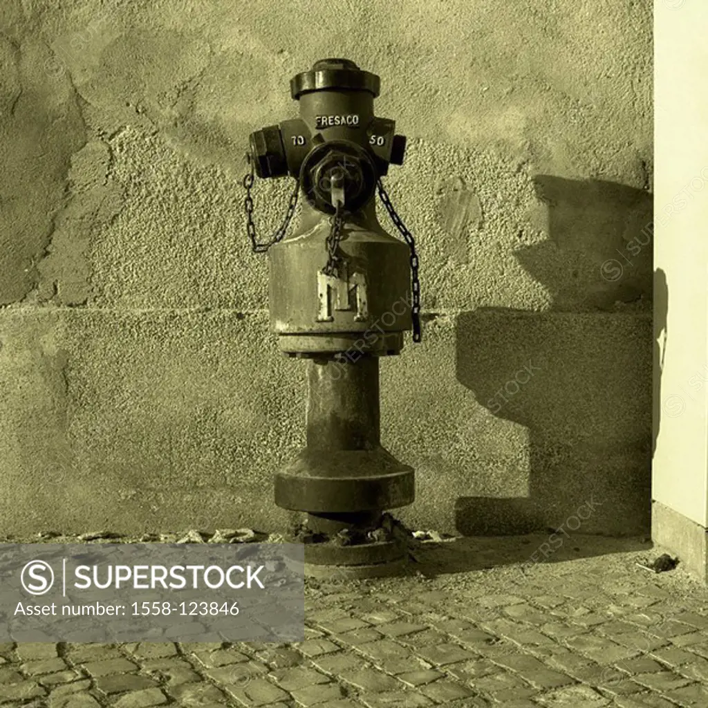 Wall, cobblestones, hydrant, shadows, monochrome, old, water, supply-net, water-removal, concept, security, water-place, Löschwasser, deletes fires, f...